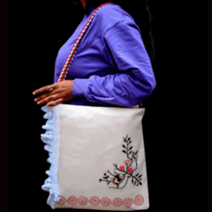 Embroidered tote bag with lace and block printing